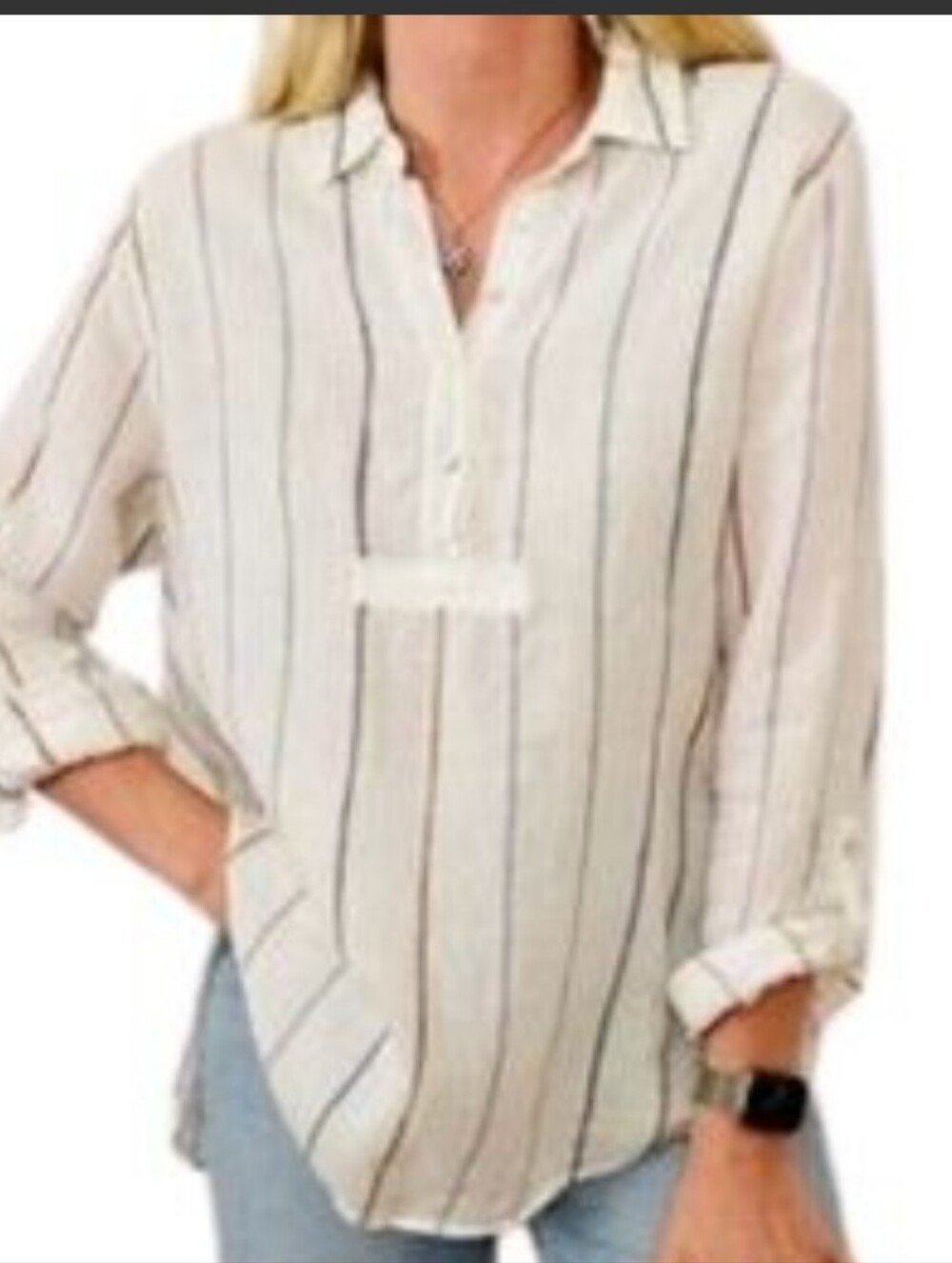 Artisan NY 100% linen Beachy  Relaxed Fit Pop-over long sleeve/roll Tab Top M